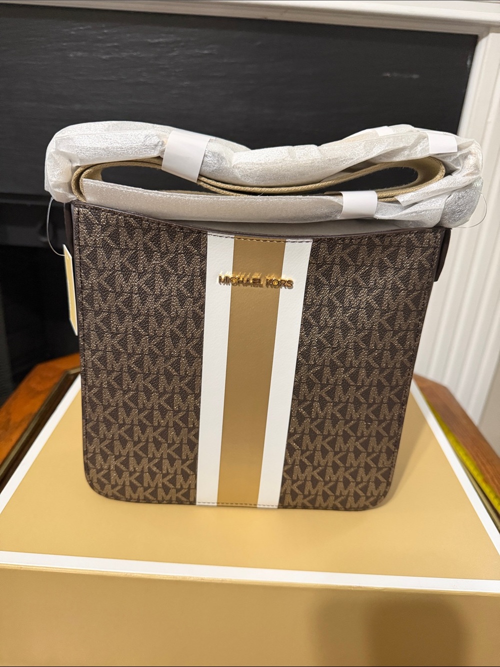 Michael Kors Brown Logo Messenger with White and Gold Stripe